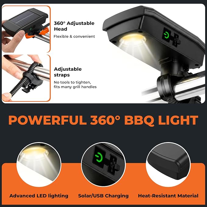 Griddle Buddy Night Chef Pro Outdoor Grill Light - Solar & USB-C Rechargeable LED BBQ Light Auto On/Off Tilt Sensor, Universal Mount, Weatherproof Grill Accessory for Blackstone, Weber & Most Grills