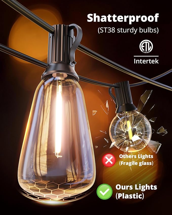 VIPAR String Lights Outdoor 50FT LED Patio Lights Outdoor Waterproof with 25+2 Shatterproof ST38 Edison Bulbs, Outside Hanging Light for Porch, Garden, Backyard, Deck, Balcony, Decor, 2700K Dimmable