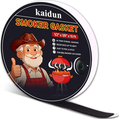 kaidun Smoker Gasket Seal, 15 Ft, 1/2" x 1/8", High Temp Gasket Material, BBQ Grill Felt, Easy to Peel, Black