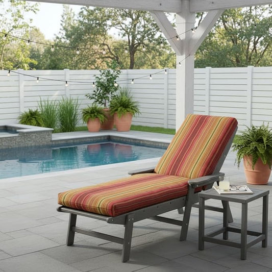 Modern Outdoor Chaise Lounge Cushion with Ties – Durable Polyester Fabric, Channel-Filled Polyfiber Insert, Removable Zippered Cover, Kinnabari Stripe