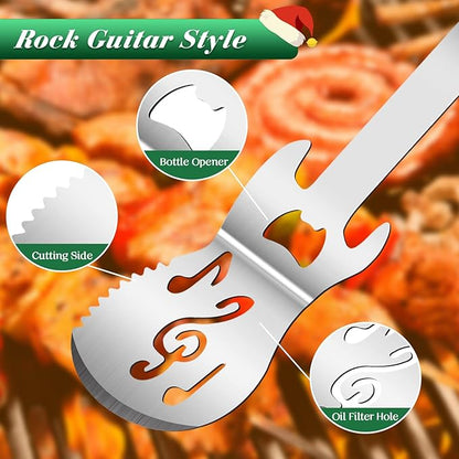 Jingmore 4 Pcs Guitar Gifts for Dad Men Father's Day Grill BBQ Guitar Gift Spatula Tong Fork Heavy Duty Stainless Steel Barbecue Utensils Grilling Accessories Set for Music Lover Enthusiast Birthday