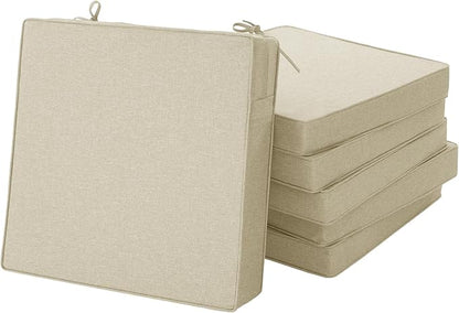 Outdoor Chair Cushions, Set of 6, 22 x 22 Inch, Beige | Water Resistant, Fade Resistant, Patio Furniture Square Seat Replacement, Removable Cover with Ties, Non-Slip Bottom