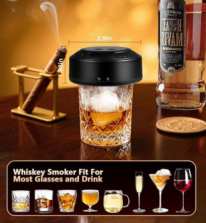 Electric Whiskey Smoker Kit with LED Light Show & Battery Gauge - 7 Dynamic Light Modes, 6 Wood Chips, USB-C Rechargeable