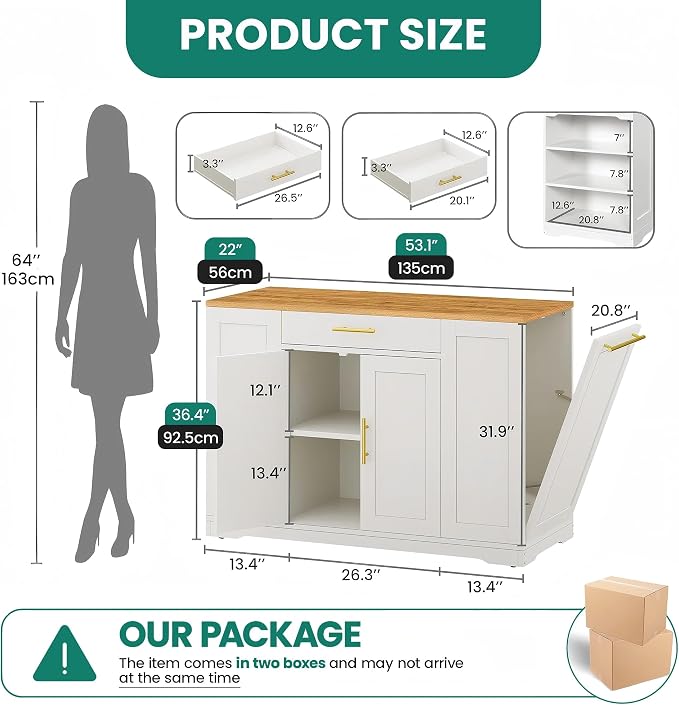 YITAHOME 53 inch Movable Kitchen Island with Trash Can Storage Cabinet | Portable Mobile Islands with Wheels for 13 Gallon Garbage Bin, White Oak