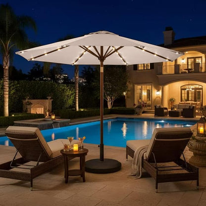 9' Solar LED Patio Umbrella with Tilt & Crank|8 Sturdy Ribs,UV Protection,Outdoor Market Table Umbrella for Deck,Lawn,Pool,Backyard(Beige)
