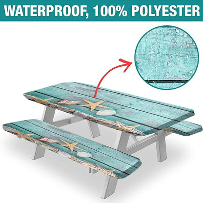 Wood Grain Picnic Table and Bench Fitted Tablecloth Cover, Ocean Mesh Starfish with Shells Print Elastic Edged Rectangluar Table Cover, 28x72 Inch, Great for Picnic Party Outdoor Patio Use, Teal Blue