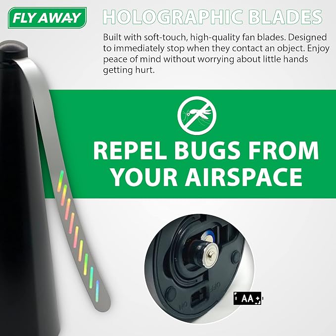 Fly Away - 3 Pack Outdoor Fly Repellent Fan, Outside or Inside Table use, Restaurant, Barbeque, Events, Deter Flies, Wasps, Bees, Other Moscas and Bugs Away, Battery Operated, Tabletop, Hanging Hook.