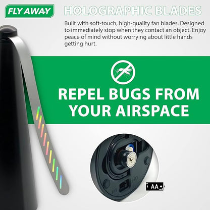 Fly Away - 3 Pack Outdoor Fly Repellent Fan, Outside or Inside Table use, Restaurant, Barbeque, Events, Deter Flies, Wasps, Bees, Other Moscas and Bugs Away, Battery Operated, Tabletop, Hanging Hook.