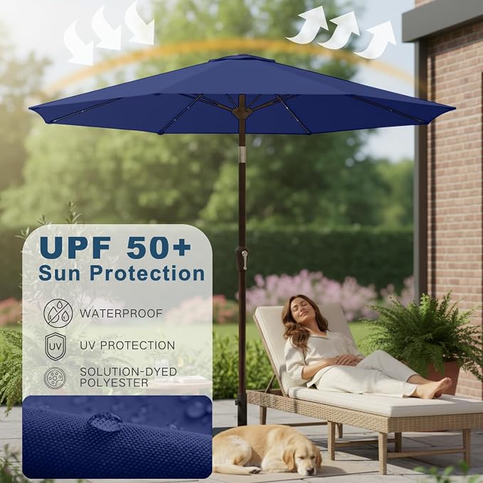 9' Solar LED Patio Umbrella with Tilt & Crank|8 Sturdy Ribs,UV Protection,Outdoor Market Table Umbrella for Deck,Lawn,Pool,Backyard(Navy)
