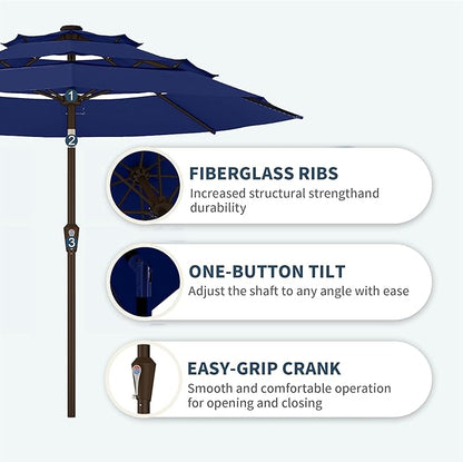 PatioKingdom 9ft 3-Tier Patio Market Umbrella with Crank/Tilt, Commercial Heavy Duty Wind Proof,Outdoor Table Umbrella with 8 Fiberglass Ribs,UPF50+ for Deck,Pool,Garden,Backyard (Navy)