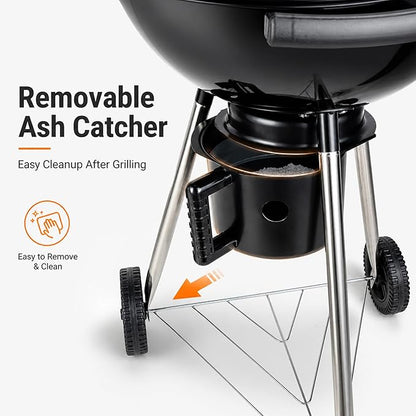 18 Inch Charcoal Grill with Lid & Ash Catcher, Kettle BBQ Grill for Backyard & Patio, Easy Temperature Control, Family Grill for 4–6 People