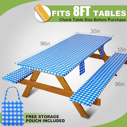 Fitted Picnic Table Cover with Bench Covers Waterproof Elastic Edges Rectangle Patio Tablecloth Outdoor Camping Essentials Stuff Rv Accessories Summer Trip Travel Supplies Party Camper Gifts, 8 ft