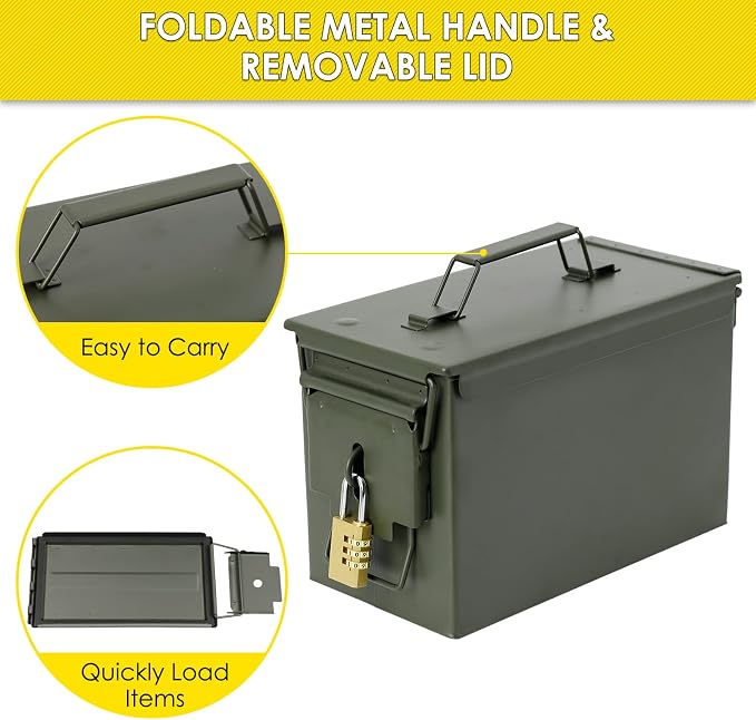 Aolamegs 50 Cal Ammo Can – Locking Hardware Kit and Stainless Steel Padlock，Ammo Box Military & Army M2A1