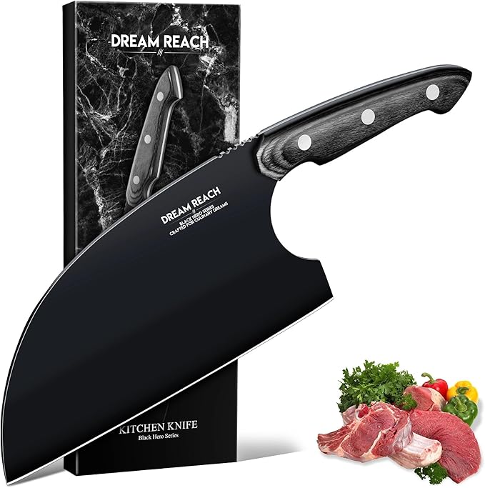 Dream Reach Serbian Chef Knife - Full Tang Butcher Cleaver for Meat Vegetables, Hand Forged Black Chopping Knife for Kitchen Birthday Mother Father Gift Idea