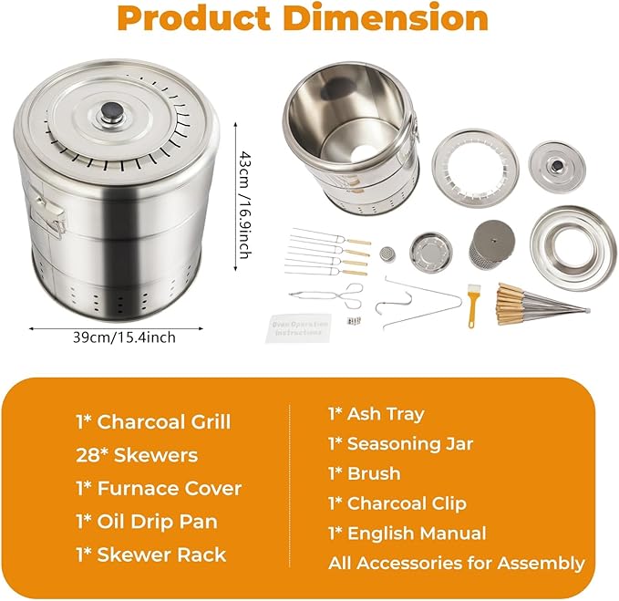 Portable Charcoal Grills, 2 in 1 Vertical Smoker, 360° Smokeless Stainless Steel BBQ Grill Barrel for Outdoor Barbecue, Camping, And Backyard Cooking (Medium-28 Skewers)