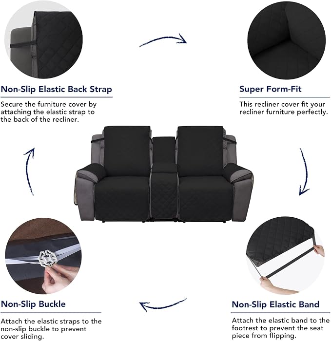 PureFit Water Resistant Reversible Loveseat Recliner Cover - Non Slip Furniture Protector for 2 Seat Recliner, Black/Beige | Double with Console, Non Slip Split Sofa Cover, Washable Reclining Cover, Black/Beige