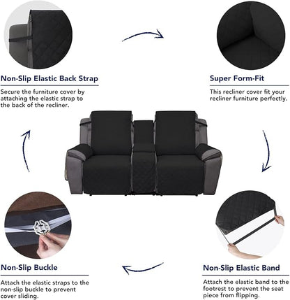 PureFit Water Resistant Reversible Loveseat Recliner Cover - Non Slip Furniture Protector for 2 Seat Recliner, Black/Beige | Double with Console, Non Slip Split Sofa Cover, Washable Reclining Cover, Black/Beige