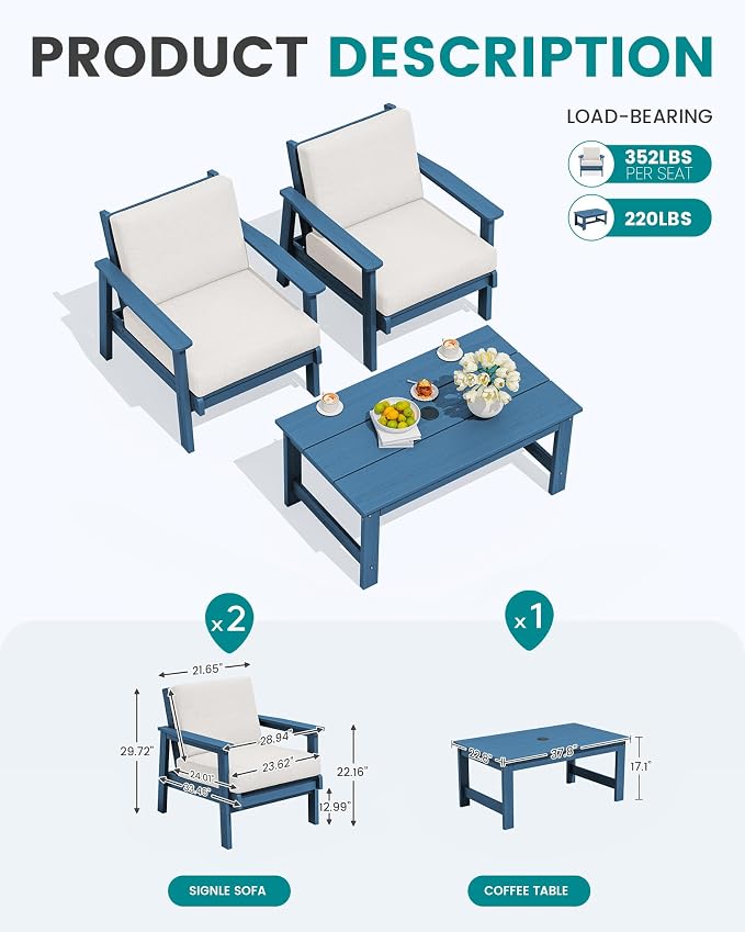 SERWALL HDPE Outdoor Couch, All-Weather Wood-Like Outdoor Sofa Set with Coffee Table, Blue Frame and Khaki Cushion