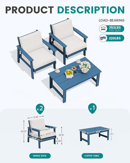 SERWALL HDPE Outdoor Couch, All-Weather Wood-Like Outdoor Sofa Set with Coffee Table, Blue Frame and Khaki Cushion