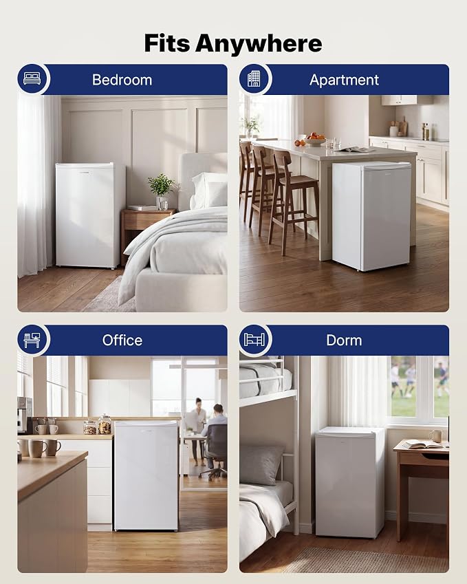 Upstreman 3.2 Cu.Ft Mini Fridge with Freezer, White-BR321 | Adjustable Thermostat, Energy Saving, Low Noise, Reversible Door, Small Refrigerator for Dorm, Bedroom, Office