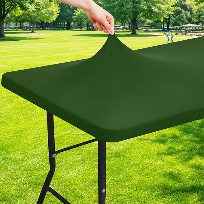 Moosfor Spandex 8 Foot Rectangle Table Cloth, Elastic Fitted Tablecloths for Picnic, Stretch Washable Patio Table Cover for Outdoor, Camping, Banquet and Parties (Olive Green, 30"x96")
