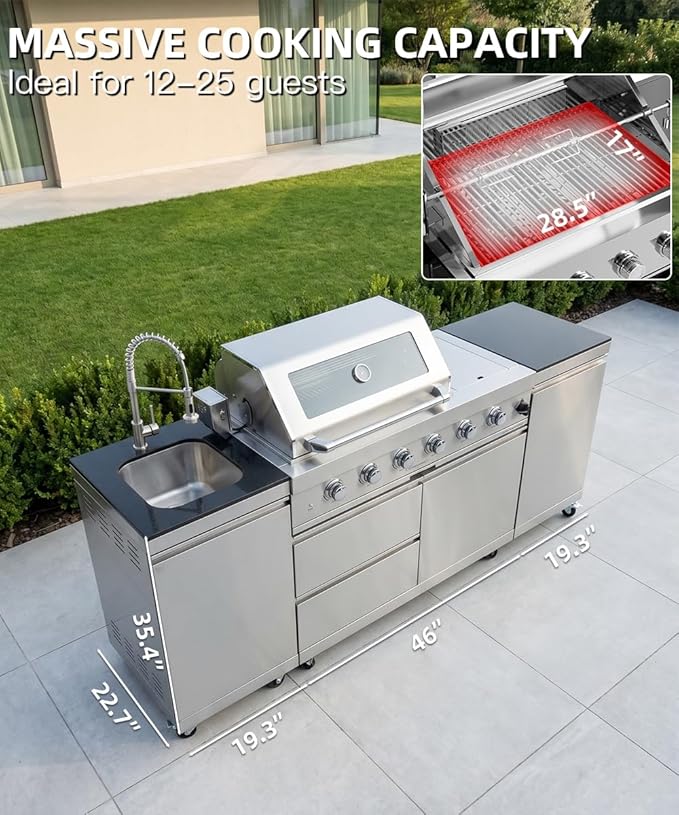Outdoor Kitchen Island Barbecue Grill with Refrigerator & Rotisserie, Heavy-Duty Stainless Steel Freestanding Grills Station, Weather-Resistant Cooking Cabinet for Backyard & Summer Propane Gas
