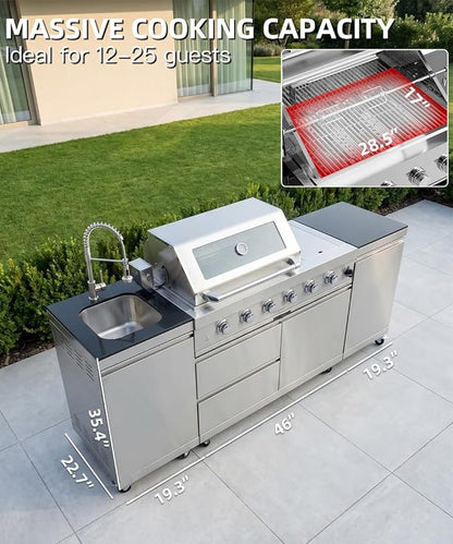 Outdoor Kitchen Island Barbecue Grill with Refrigerator & Rotisserie, Heavy-Duty Stainless Steel Freestanding Grills Station, Weather-Resistant Cooking Cabinet for Backyard & Summer Propane Gas