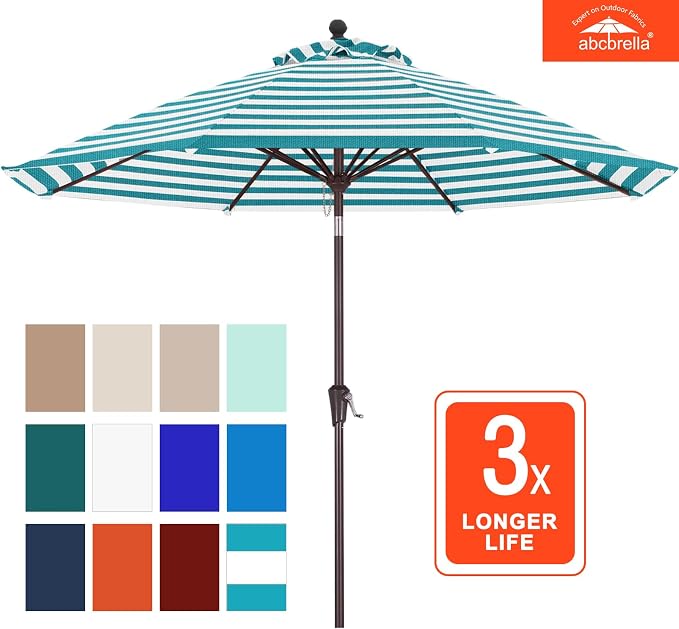 ABCCANOPY OLEFIN® 5-Year No Fading 9FT Patio Umbrella(Turquoise Stripe) | Fade & UV Resistant Fabric,8 Fiberglass Ribs，Wind Vent，Crank Lift & Tilt,Outdoor Table Umbrella for Deck,Backyard,Yard