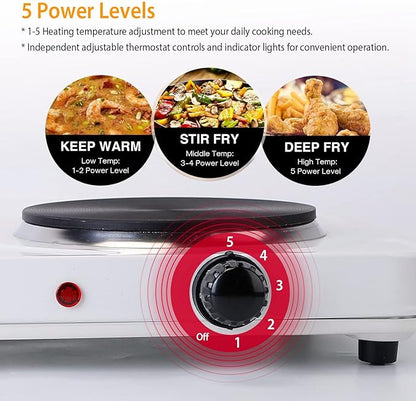 2000W Double Burner Electric, Portable Hot Plate for Cooking, Cooking Stove with 5 Temperature Adjustments, Countertop Burner Cooktop for Kitchen, Dorm (White, 17x8x3")