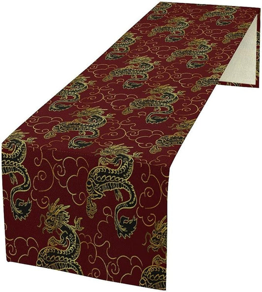 Dragon Table Runner Oriental Vintage Asian Chinese Japanese Traditional Style Burgundy Dinner Runner Table Decoration for Home Kitchen Dining Table Party Decoration 13x120in
