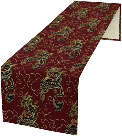 Dragon Table Runner Oriental Vintage Asian Chinese Japanese Traditional Style Burgundy Dinner Runner Table Decoration for Home Kitchen Dining Table Party Decoration 13x90in