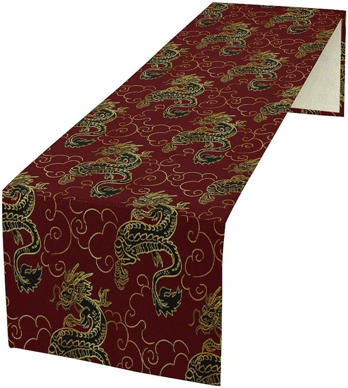 Dragon Table Runner Oriental Vintage Asian Chinese Japanese Traditional Style Burgundy Dinner Runner Table Decoration for Home Kitchen Dining Table Party Decoration 13x60in