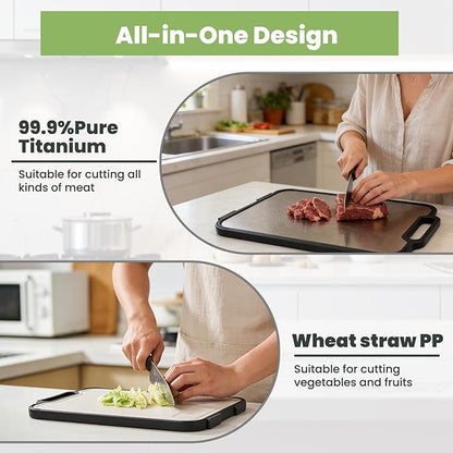 Titanium Cutting Board for Kitchen, Double Sided Titanium Cutting Board with Juice Groove, Metal Chopping Board for Kitchen, Titanium & Wheat Straw PP, Dishwasher Safe, 16”×10”