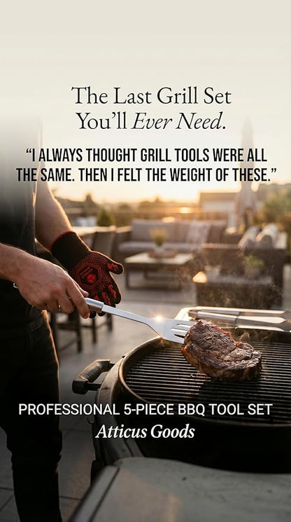 Stainless Steel Grill Set, 5 Piece Heavy Duty Barbecue Tools, BBQ Grilling Accessories Grill Kit with Tongs, Spatula, Fork, Gloves and Zippered Carry Bag
