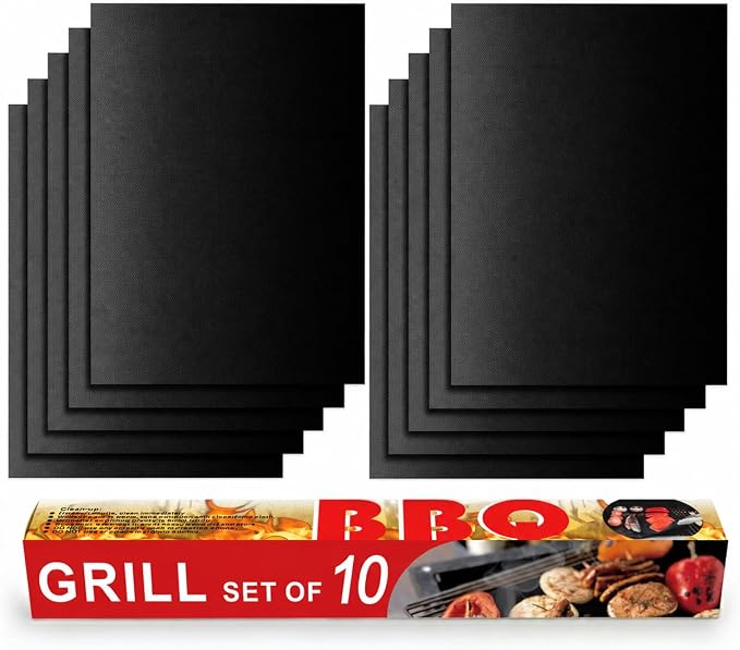 Grill Mats for Grill, Set of 10, 15.75 x 13 Inch | Non-Stick Sheets for Outdoor Grill Cooking and Grilling