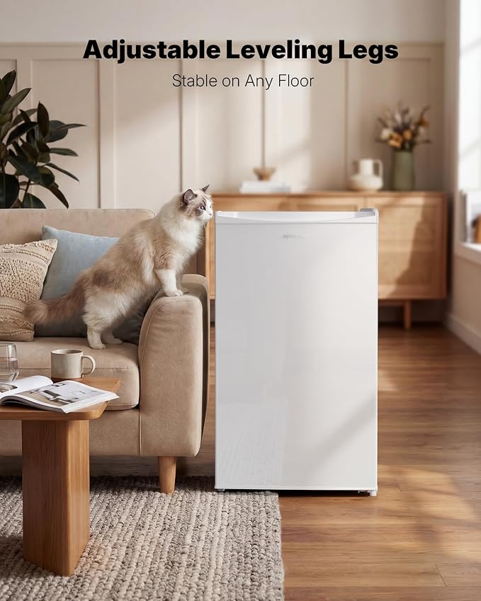 Upstreman 3.2 Cu.Ft Mini Fridge with Freezer, White-BR321 | Adjustable Thermostat, Energy Saving, Low Noise, Reversible Door, Small Refrigerator for Dorm, Bedroom, Office