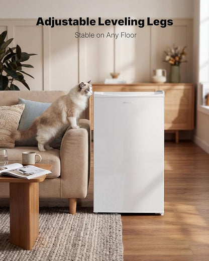 Upstreman 3.2 Cu.Ft Mini Fridge with Freezer, White-BR321 | Adjustable Thermostat, Energy Saving, Low Noise, Reversible Door, Small Refrigerator for Dorm, Bedroom, Office