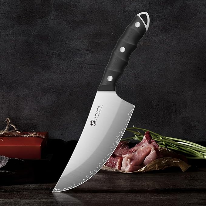 FINTISO Viking Butcher Knife, 6.9 Inch Hand Forged Meat Cleaver Knife with 5-Layer High Carbon Stainless Steel, Full Tang G10 Handle, Ideal for Kitchen, BBQ, Camping & Outdoor Cooking
