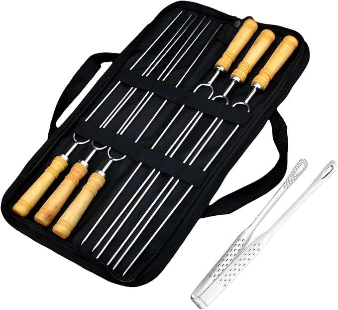 6+1 Pack BBQ Skewers for Grilling Set Include Grilling Clip & Storage Bag – 16.5in Stainless Steel Skewers with Wooden Handle – for Camping, Hot Dogs, Shish Kabob, Fire Pit, Picnic