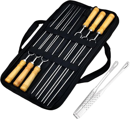 6+1 Pack BBQ Skewers for Grilling Set Include Grilling Clip & Storage Bag – 16.5in Stainless Steel Skewers with Wooden Handle – for Camping, Hot Dogs, Shish Kabob, Fire Pit, Picnic