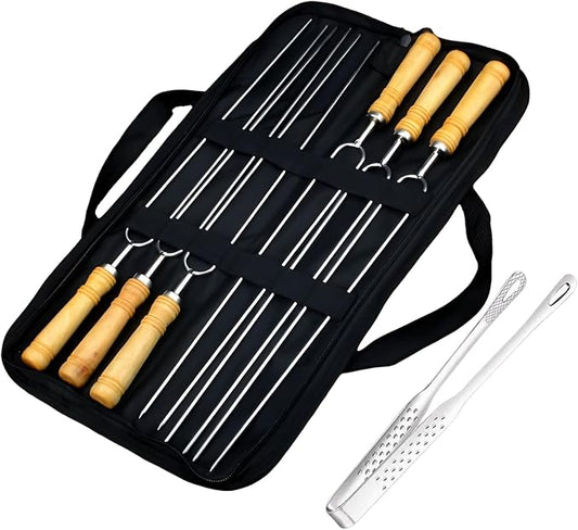 6+1 Pack BBQ Skewers for Grilling Set Include Grilling Clip & Storage Bag – 16.5in Stainless Steel Skewers with Wooden Handle – for Camping, Hot Dogs, Shish Kabob, Fire Pit, Picnic