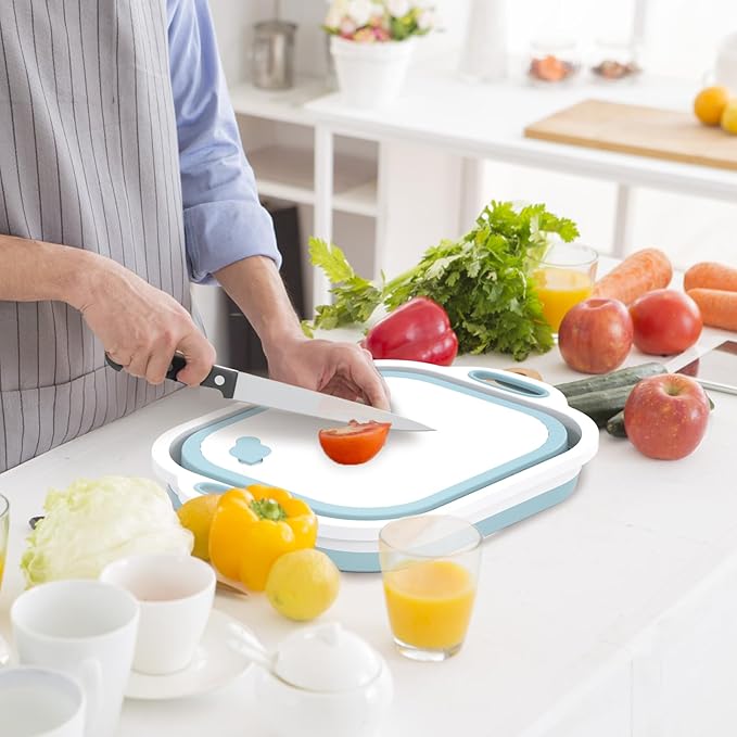 Collapsible Cutting Board, HI NINGER Foldable Chopping Board Multifunction Chopping Board, Space Saving 3 in 1 Multifunction Storage Basket, Chopping&Slicing Board for Prep/Picnic/Camping (Sky blue)