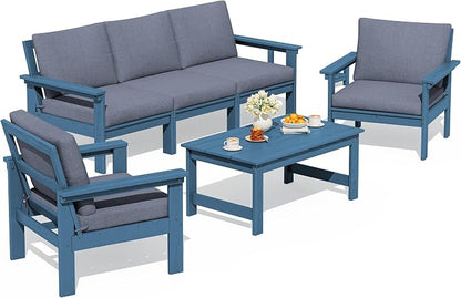 SERWALL HDPE Patio Conversation Set, 6-piece Sectional Outdoor Furniture Set, All Weather Outdoor Couch Set Patio Furniture Set for Deck, Lawn, Blue Frame with Grey Cushion