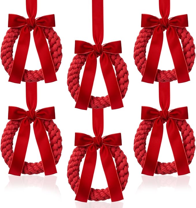 Suncalla 6 Pcs Christmas Velvet Wreath with Bow Ribbon Mini Christmas Kitchen Cabinet Front Door Wreath Decorative for Outdoor Indoor Party Table Fireplaces Porch Walls
