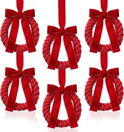Suncalla 6 Pcs Christmas Velvet Wreath with Bow Ribbon Mini Christmas Kitchen Cabinet Front Door Wreath Decorative for Outdoor Indoor Party Table Fireplaces Porch Walls