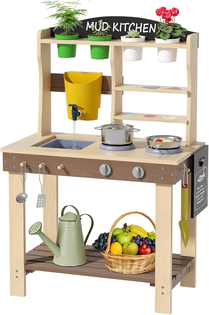 BIERUM Wooden Mud Kitchen for Kids Outdoor with Real Sink & Faucet, Green | with Real Sink, Faucet, Oven and Stove, for Water, Cooking & Planting, Perfect Outdoor Gift for Toddlers Boys Girls Ages 3+