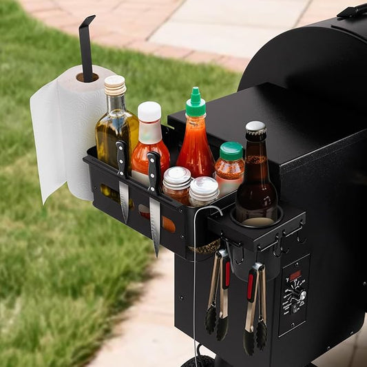Goldusk Storage Bin for Traeger Grills with Paper Towel Holder and Drink Holder Accessories Outdoor Grill for Traeger Ironwood 650/885, PRO 575/780/34/22, for Pit boss, for Z-Grills Smoker Accessories