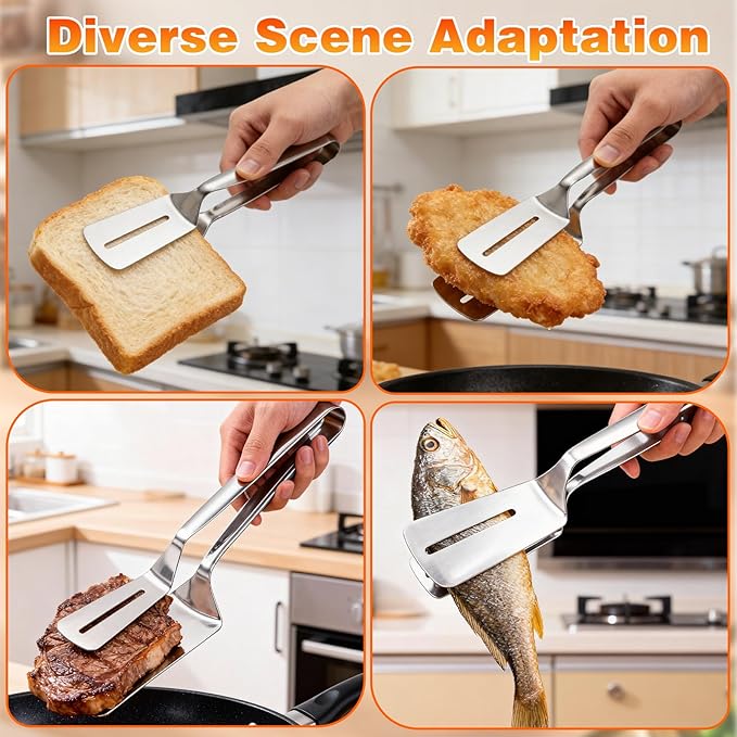 Stainless Steel Grill Clamp, 2PCS Grill Clamp Spatula, Anti-Scald Extended Handle Spatula Tong, 2026 New Multi-Functional Stainless Steel Barbecue Clamp Food for Flipping Steak Fish Bread BBQ