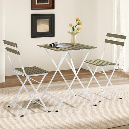 Giantex 3-Piece Acacia Wood Bistro Set, Patio Bistro Table with 2 Folding Chairs, Slatted Seat & Tabletop, Metal Frame, Outdoor Furniture Set for Backyard, Porch, Garden, Poolside (White + Gray)
