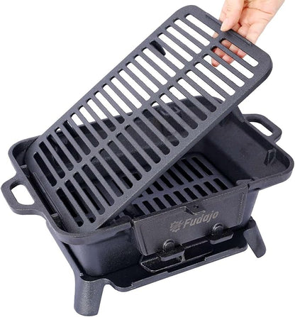 Cast Iron Charcoal Grill, Oval Small Portable Hibachi Grill with Grate for Outdoor Camping, Black